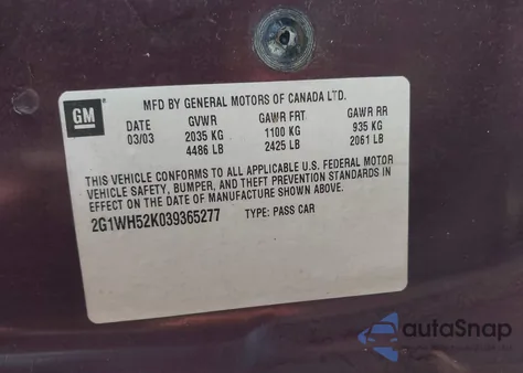 2003 Chevrolet Impala Ls z USA, uszkodzony, nr VIN 2G1WH52K039365277